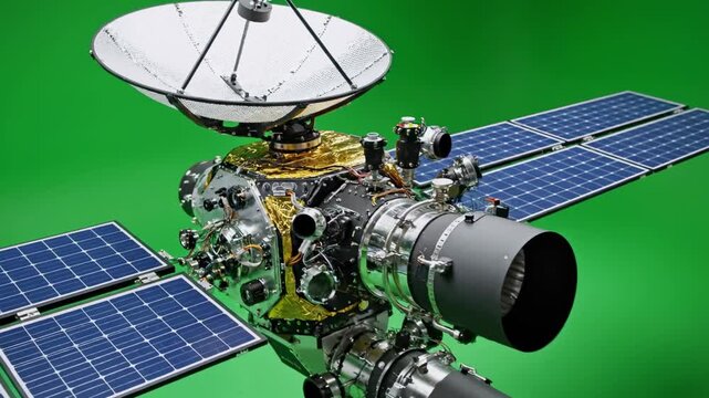 Detailed view of a satellite with solar panels and dish against a green background