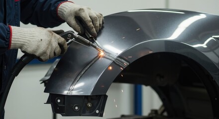 Mechanic welding a car fender in an auto body shop. Close-up of a worker using a welding tool for vehicle bodywork repair. Industrial metal fabrication with sparks