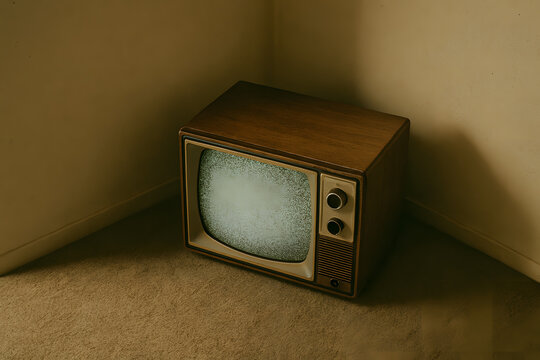 An old television sits in the corner, broadcasting static noise.