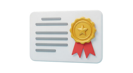 3D Certificate with Gold Seal and Red Ribbon isolated on a transparent background award