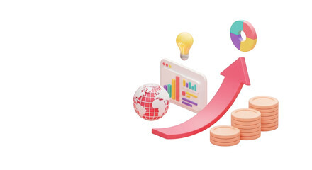 3D Isometric Growth Chart Globe and Coins isolated on a transparent background image