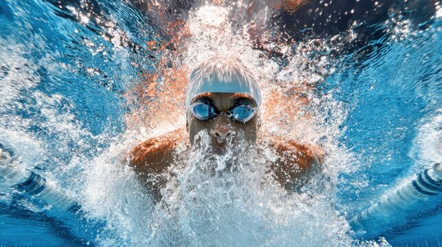 An Asian swimmer wearing a white swim cap and goggles bursts through the water creating a splash during a competitive race underwater view