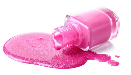 A spilled bottle reveals a vibrant pink nail polish puddle