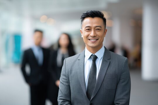 An accomplished asian businessman stands confidently in a modern office setting with colleagues blurred in the background showcasing a professional corporate environment - Powered by Adobe
