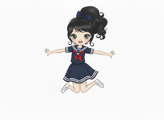 Happy Anime Girl Jumping in Sailor Uniform