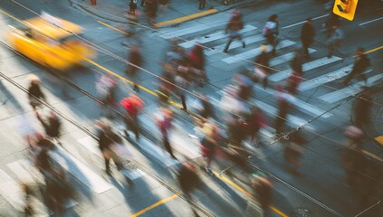 Blurred City Street Scene: Pedestrians Crossing