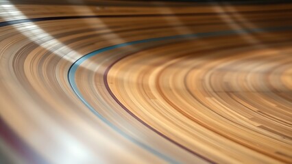 velodrome. Close-up of polished wooden velodrome track curve, spotlight on wood grain. event key visuals, club posters, designed for fitness apps and gym onboarding, used by fitness trainers.