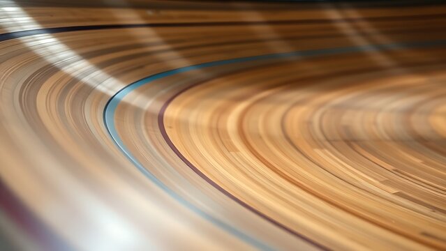 velodrome. Close-up of polished wooden velodrome track curve, spotlight on wood grain. event key visuals, club posters, designed for fitness apps and gym onboarding, used by fitness trainers.