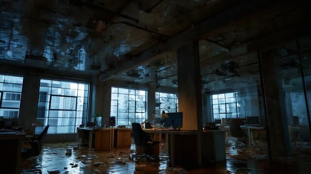 An abandoned office space eerily illuminated by flickering red warning signs, depicting a dramatic scene filled with unease and chaos, surrounded by empty desks in a mysterious atmosphere.