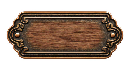 Antique bronze nameplate with dark wood grain texture and ornate border, isolated on transparent background