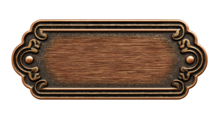 Antique bronze nameplate with dark wood grain texture and ornate border, isolated on transparent background