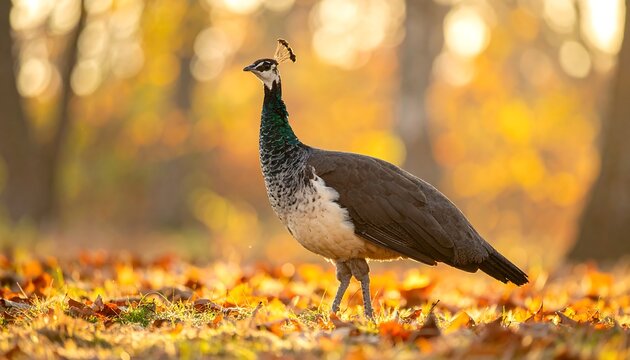A peahen stands on autumn leaves, backlit by golden light in a forest setting, showcasing its beauty