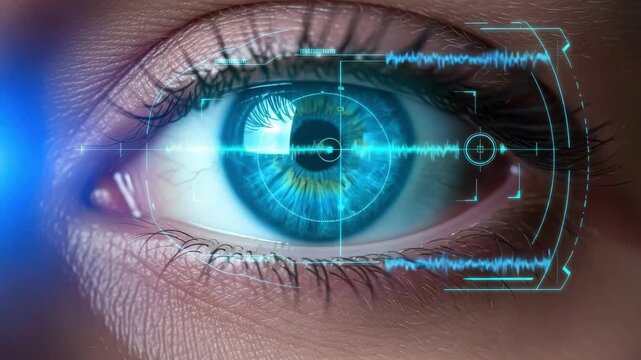 Closeup of a blue eye with futuristic digital scanning interface overlay - Powered by Adobe