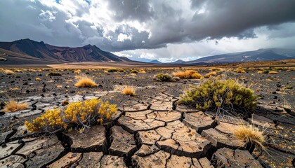 Arid Landscape Under Dramatic Stormy Clouds With Cracked Earth and Sparse Vegetation In The Foreground