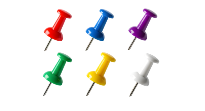 Collection of six colorful push pins arranged in two rows isolated on transparent background