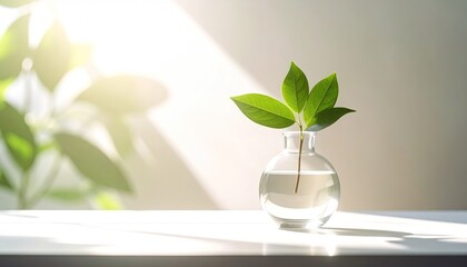 A Delicate Green Plant Stem With Leaves In A Clear Glass Vase Filled With Water Bathed In Soft Natural Sunlight Casting Shadows On A White Surface Creating A Serene And Tranquil Atmosphere