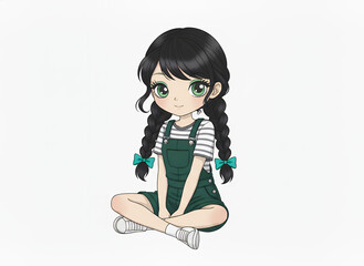 Cute Anime Girl with Pigtails and Overalls Sitting Cross-Legged