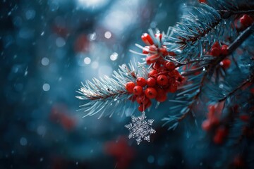 Close up of a frosted pine branch with bright red berries and falling snowflakes in a soft blue winter forest