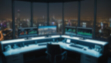 Blurred background of modern office environment featuring multiple screens with financial data, walpaper blur.