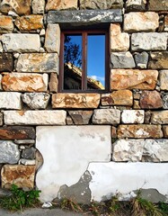 A stone wall featuring a window reflecting blue sky and trees