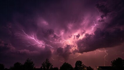 Night sky with vibrant purple lightning strikes