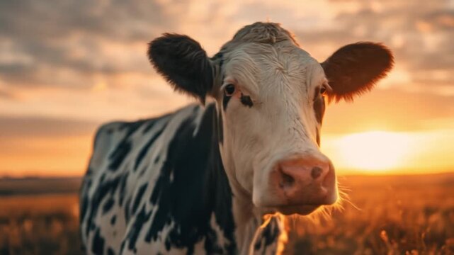 A curious black-and-white cow faces the camera as a golden sunset glows over a gentle field, serene