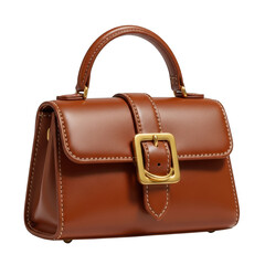 Brown leather handbag with gold buckle isolated on transparent background