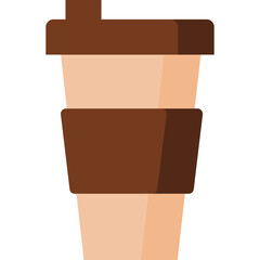 A simple cartoon illustration of a disposable coffee cup with a brown lid and a textured sleeve on a transparent background showcasing a beverage container ready for use