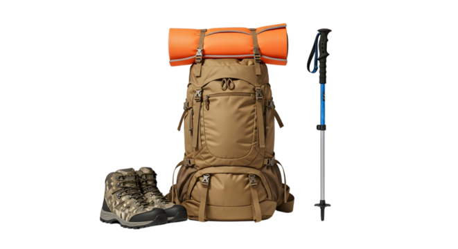 Tan hiking backpack with orange sleeping pad and trekking pole and boot isolated on transparent background