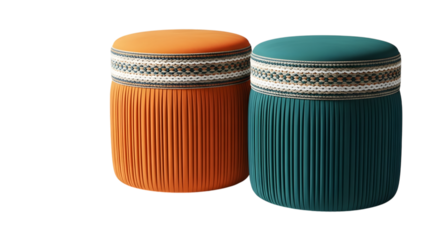 Two decorative moroccan style ottomans with fringe detail isolated on transparent background