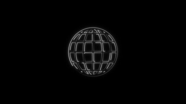 Neon globe with padlock illustration animated icon representing cyber security Global earth world icon symbol line drawing with cyan outline grid effect .black background 4K.
