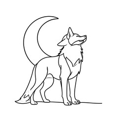 A stylized outline of a fox standing before a crescent moon