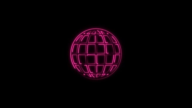 Neon globe with padlock illustration animated icon representing cyber security Global earth world icon symbol line drawing with cyan outline grid effect .black background 4K.