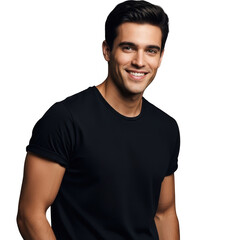Smiling young man in black t shirt isolated on transparent background