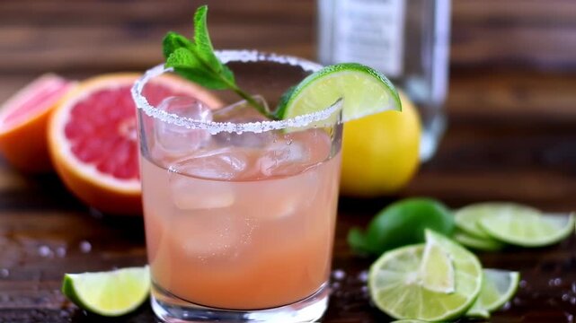 Refreshing Paloma cocktail with grapefruit, lime and tequila on a wooden background
