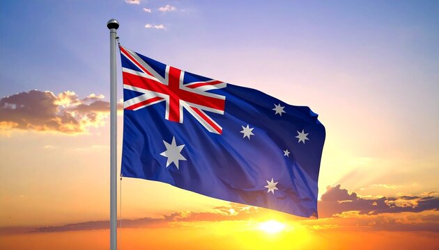 Australian flag waving in the wind during a vibrant sunset - Powered by Adobe