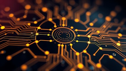 conductive. An abstract golden circuit pattern with geometric lines on a dark atmospheric background. symbolizing technological progress and responsible innovation.