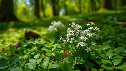 woodruff. Cluster of delicate white woodruff flowers on a forest floor with dappled sunlight. gardening catalogs, home-decor guides, designed for home decor and floral branding.