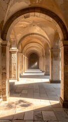 A sunlit architectural corridor with arched ceilings and stone columns