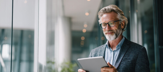 Mature man with glasses and beard is smiling while using tablet in modern office setting
