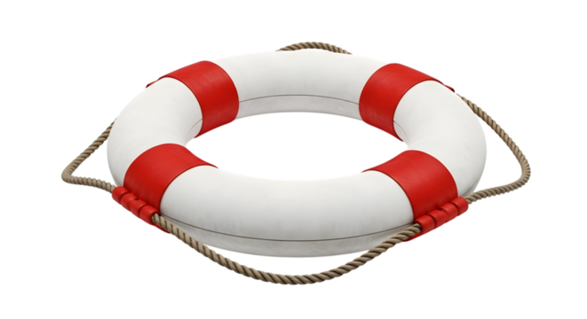 Classic red and white lifebuoy ring with rope detail isolated on transparent background