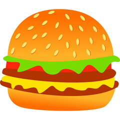 A Cartoon Hamburger with a Sesame Seed Bun Melted Cheese and Fresh Lettuce on a Transparent Background
