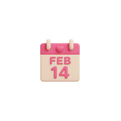 Cute 3D calendar icon showing February 14th for Valentine's Day. A minimalist pink reminder symbol for a romantic date, love celebration, and special event, isolated on a white background