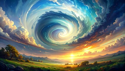 A surreal landscape with a swirling sky over a vibrant sunset