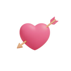 Cute 3D render of a pink love heart struck by a golden arrow, an isolated icon perfect for Valentine's Day greetings, romantic designs, and declarations of love