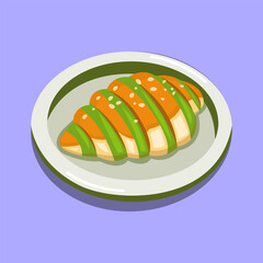 Plate of sushi topped with avocado slices and drizzled with matcha sauce in modern Japanese style.