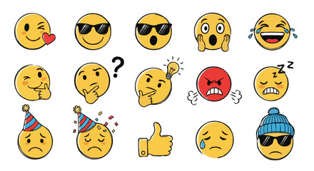 Cartoon Emoji and Symbol Set – Colorful Expressions and Reactions in Flat Design