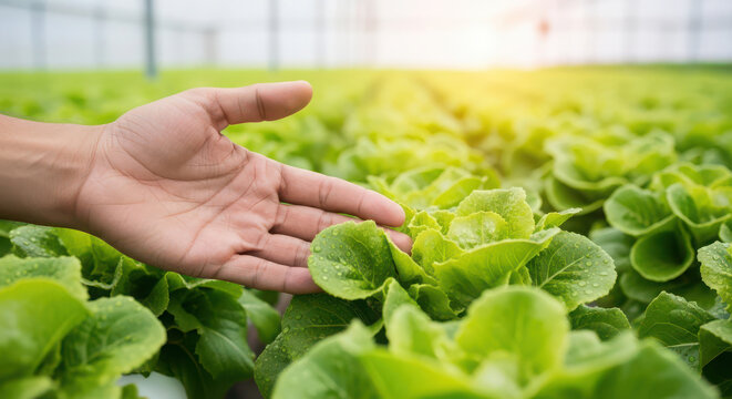 Farmer s hand gently touching fresh lettuce in greenhouse