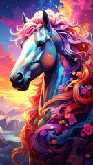 A surreal portrait of a horse with colorful mane and background