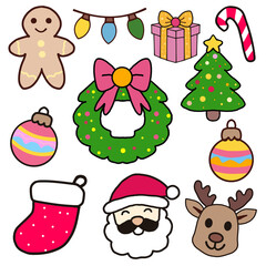 Cute Christmas Icons – Santa, Reindeer, Gift, Wreath.